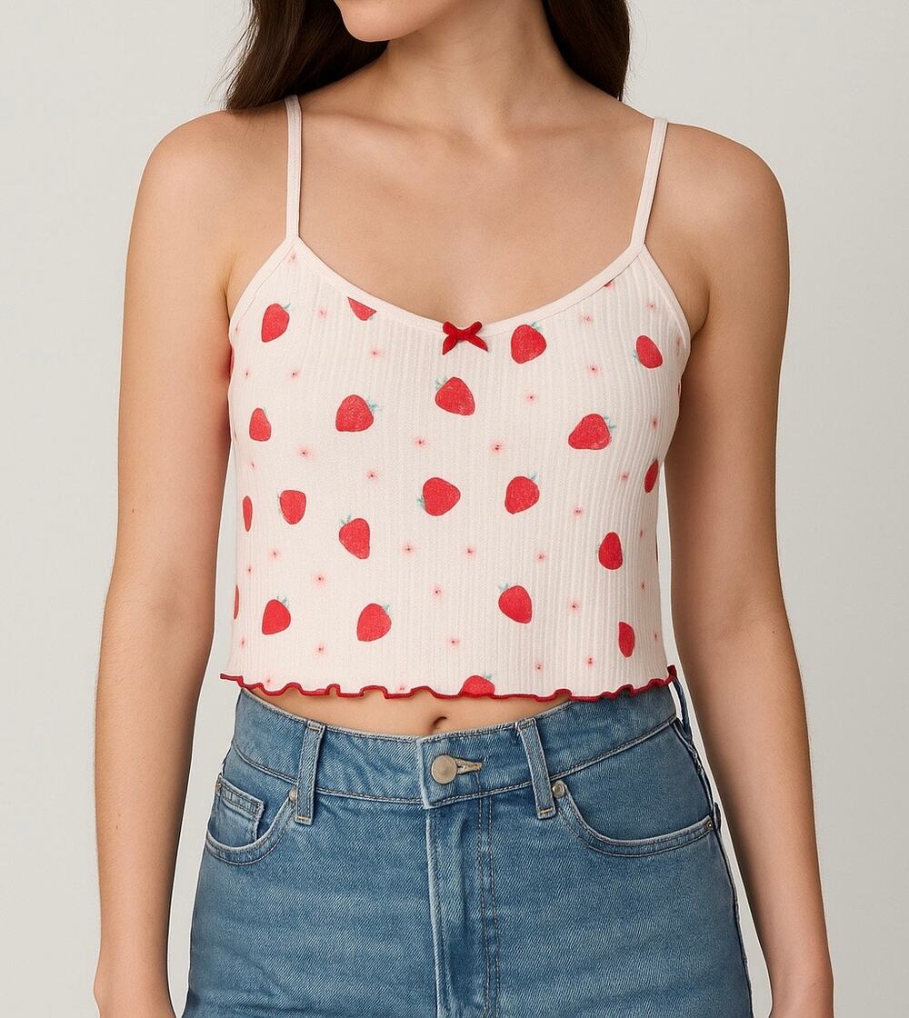 Strawberry Print Ribbed Cami Crop Top Women’s XL White Red Lettuce Hem